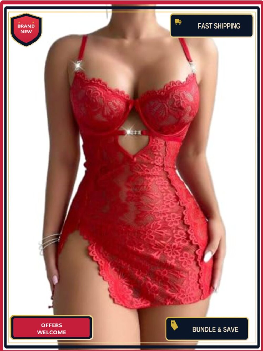 Lace Bodysuit Deep V-Neck Cut-Out Asymmetrical Slit Backless Lingerie
